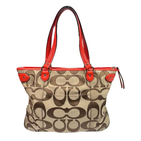COACH Daisy Outline Signature Emma Tote Shoulder Bag - F24066 - Khaki Vermillion - Picture 7 of 10